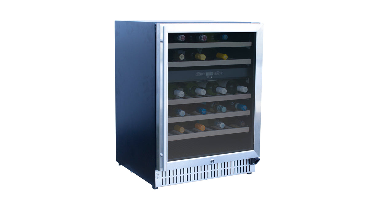 A compact black and stainless steel wine cooler with a glass door, shelves fully stocked with wine bottles, and a side handle.