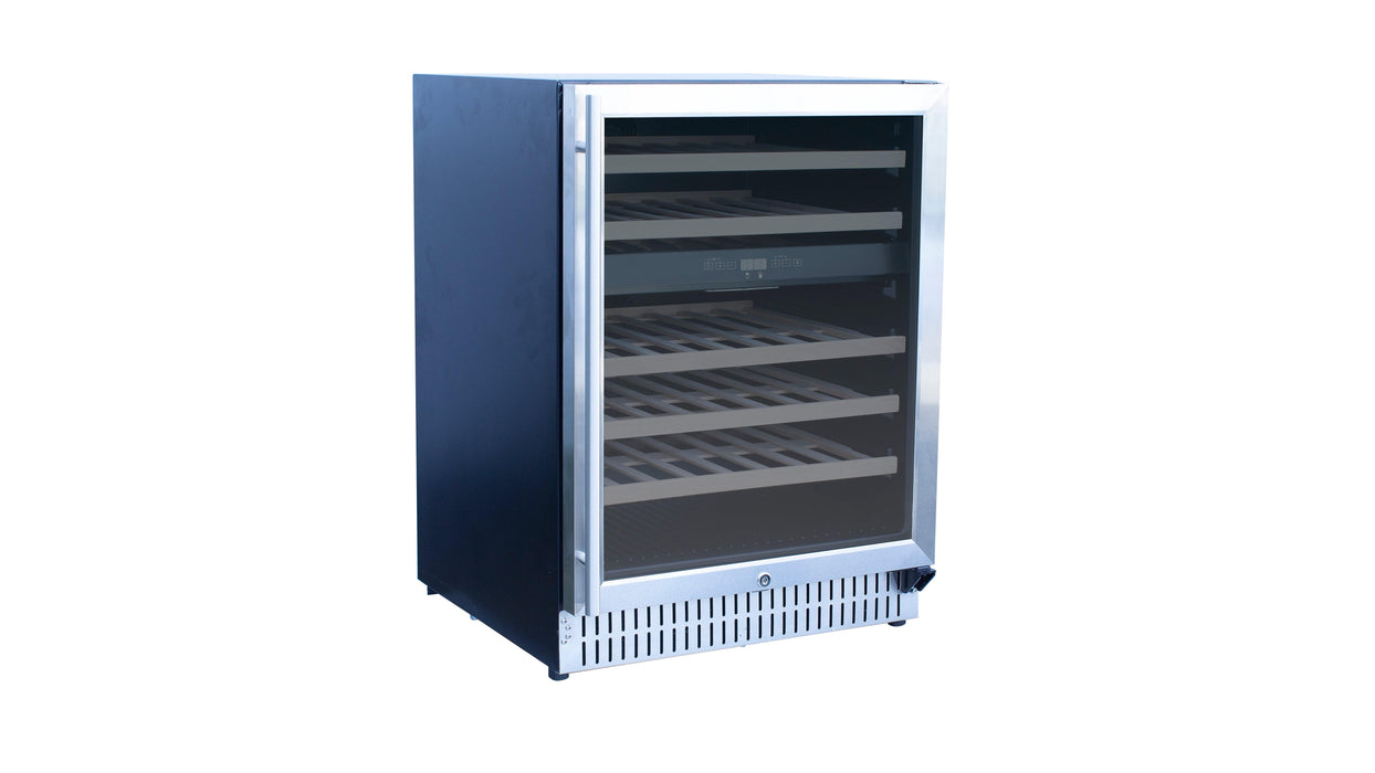 A black and stainless steel wine cooler with a glass door, empty shelves, a vented base, and a side handle for access.