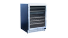 A black and stainless steel wine cooler with a glass door, empty shelves, a vented base, and a side handle for access.