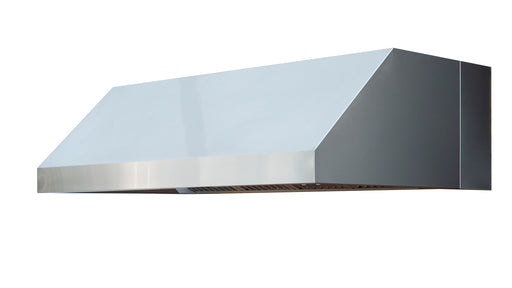 A modern vent hood with a slanted white top, sleek stainless steel trim, and a vented underside, designed for efficient kitchen ventilation.