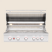 Stainless steel outdoor grill with open hood, LED lights, multiple burners, and wide cooking grates for outdoor cooking.