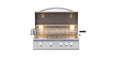 Open stainless steel grill with illuminated interior, rotisserie setup, five control knobs with blue LED lights, and grilling surface.