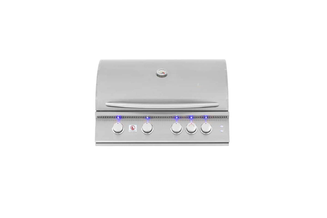 Front view of a stainless steel grill with four control knobs illuminated by blue LED lights and a temperature gauge on the lid.