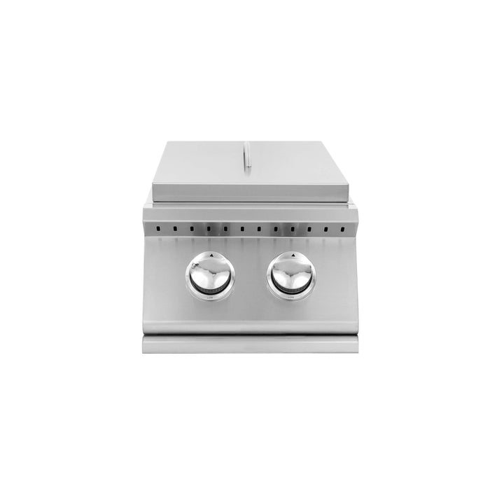 Stainless steel double burner with two control knobs, a closed lid on top, and a sleek, compact design for outdoor use.