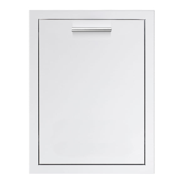 A stainless steel trash drawer with a sleek horizontal brushed handle, designed for outdoor kitchen setups to provide convenient waste management.