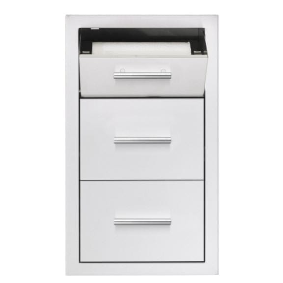 Stainless steel storage unit featuring a pull-out paper towel holder and two additional drawers for convenient kitchen organization.