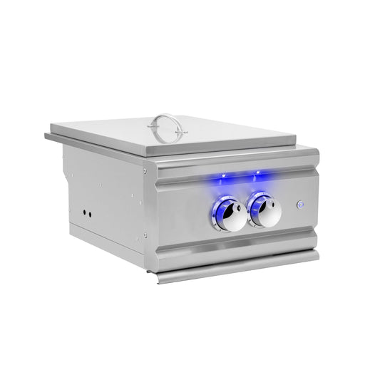 Stainless steel side burner with a closed lid, two blue LED-lit control knobs, and a robust, modern design for outdoor kitchens.