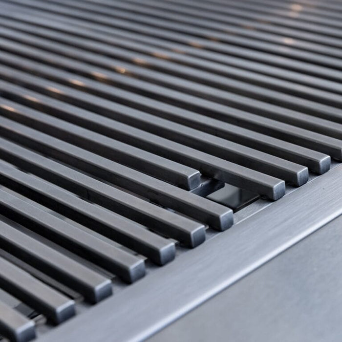 Close-up of heavy-duty stainless steel grill grates with sleek polished finish for even heat distribution.