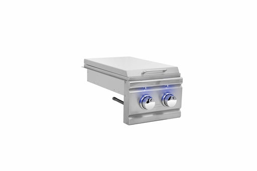 Stainless steel side burner with blue LED-lit control knobs, closed lid, and a sleek, modern design viewed from an angled side.