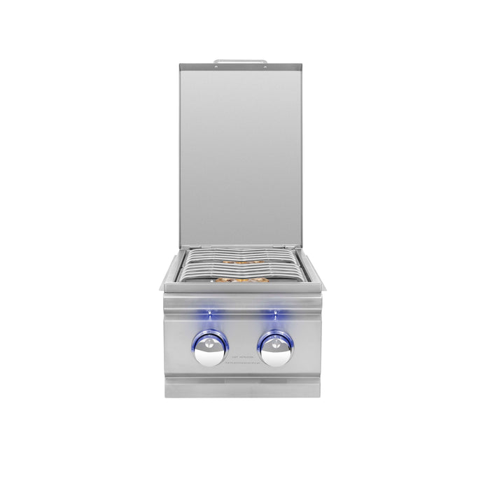 Stainless steel side burner with an open lid, two blue LED-lit control knobs, and a visible cooking grate viewed from the front.