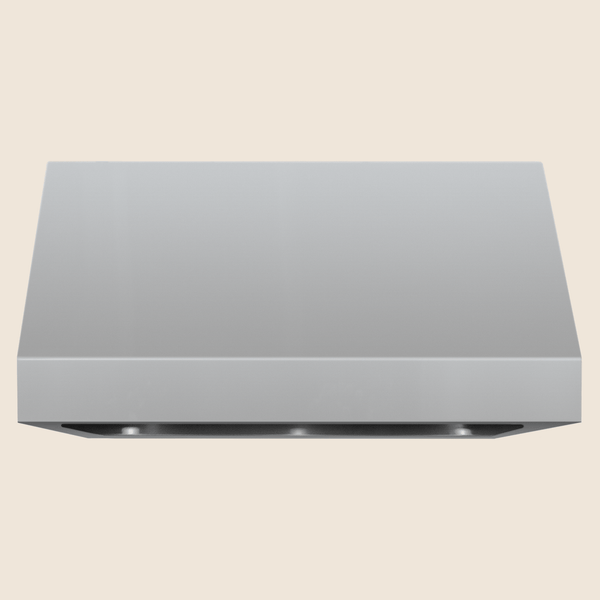 Stainless steel outdoor vent hood with sleek modern design and built-in underside lighting.