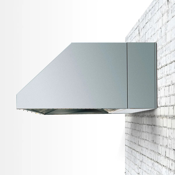 Modern stainless steel outdoor vent hood mounted on a brick wall, designed for efficient smoke and heat extraction.