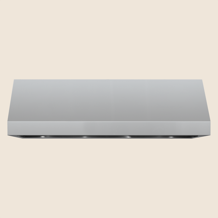 Stainless steel vent hood with sleek modern design and built-in underside lighting for outdoor kitchens.