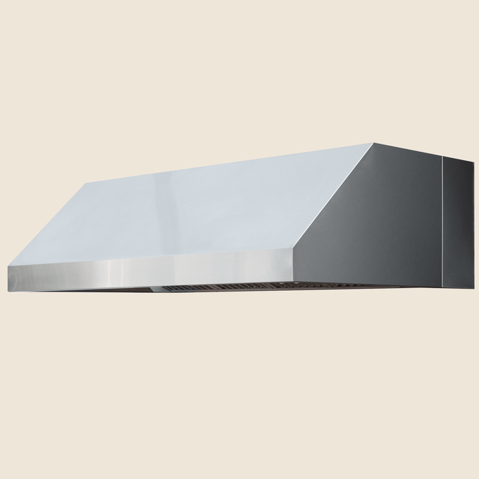 Modern stainless steel outdoor vent hood with sleek angular design for patio or outdoor kitchen use.
