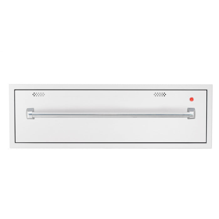 A wide stainless steel warming drawer with a brushed handle, small ventilation holes, and a red indicator light, ideal for outdoor use.