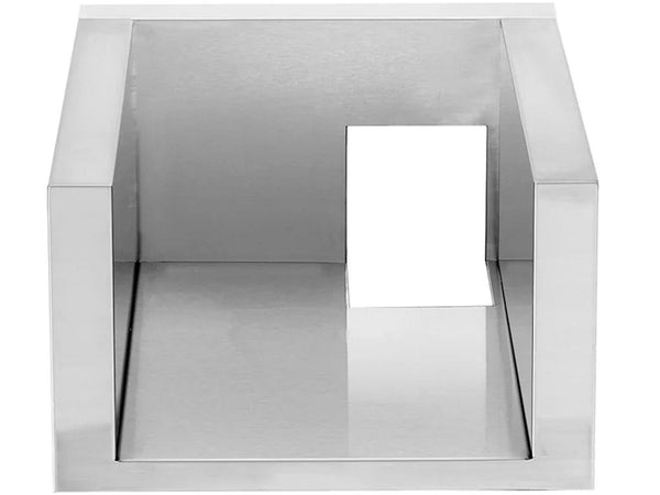 Stainless steel grill insulation liner with rectangular rear cutout, designed for built-in outdoor kitchen installation use.