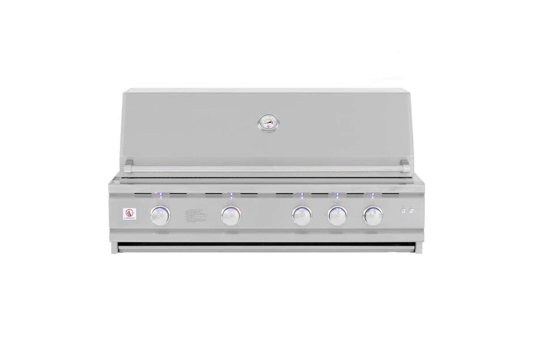 Stainless steel outdoor grill with four control knobs, illuminated LED lights, and a built-in temperature gauge on the closed lid.