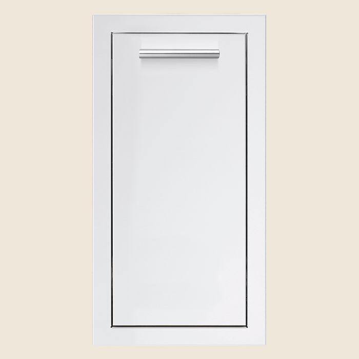 Vertical stainless steel access door with modern handle and sleek design, ideal for outdoor kitchen or grill island setup.