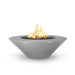 Cazo gas fire pit in natural gray color made of GFRC concrete with a wide ledge, filled with lava rocks and featuring a sleek, modern design with flames