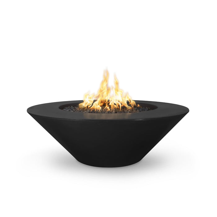 Cazo gas fire pit in black color made of GFRC concrete with a wide ledge, filled with lava rocks and featuring a sleek, modern design with flames