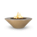 Cazo gas fire pit in brown color made of GFRC concrete with a wide ledge, filled with lava rocks and featuring a sleek, modern design with flames