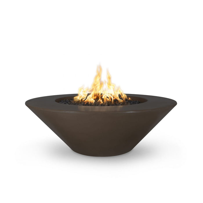 Cazo gas fire pit in chocolate brown color made of GFRC concrete with a wide ledge, filled with lava rocks and featuring a sleek, modern design with flames