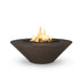 Cazo gas fire pit in chocolate brown color made of GFRC concrete with a wide ledge, filled with lava rocks and featuring a sleek, modern design with flames