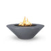 Cazo gas fire pit in gray color made of GFRC concrete with a wide ledge, filled with lava rocks and featuring a sleek, modern design with flames