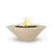 Cazo gas fire pit in vanilla color made of GFRC concrete with a wide ledge, filled with lava rocks and featuring a sleek, modern design with flames