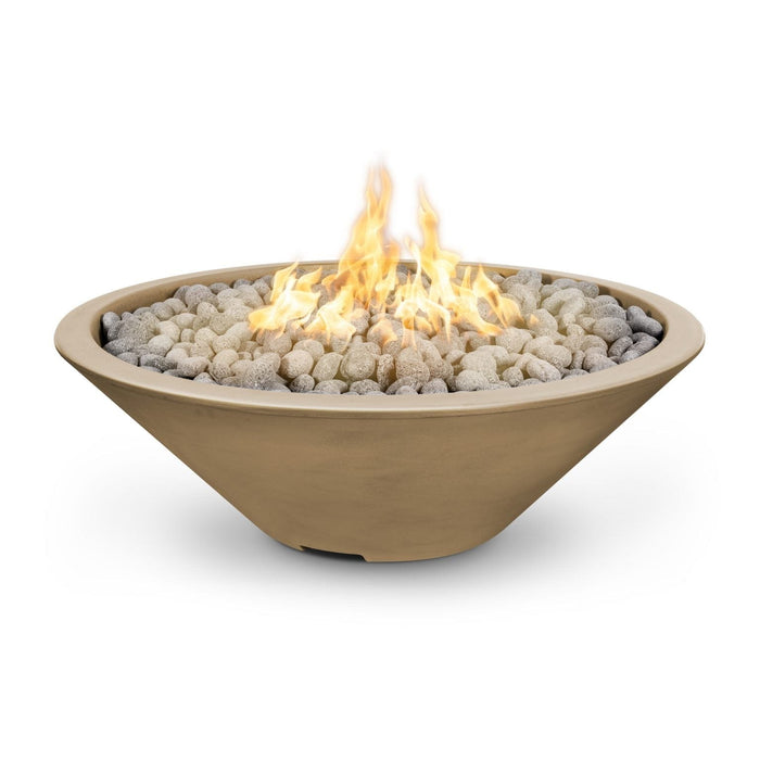 Cazo gas fire pit in brown color made of GFRC concrete with a narrow ledge, filled with lava rocks and featuring a sleek, modern design with flames.