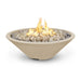 Cazo gas fire pit in vanilla color made of GFRC concrete with a narrow ledge, filled with lava rocks and featuring a sleek, modern design with flames.