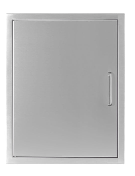 Square metal cabinet door with a flat brushed finish, framed edges, and a vertical handle mounted on the right side.