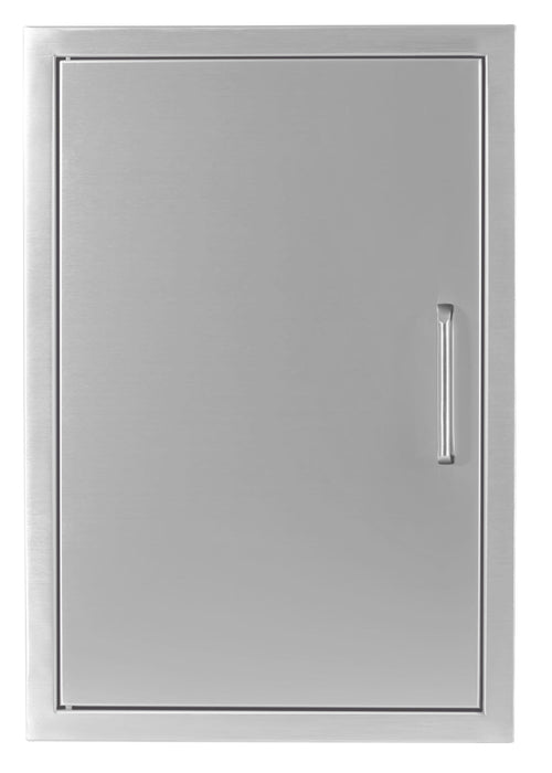 Rectangular metal cabinet door with a smooth brushed surface, framed border, and a vertical handle on the right side.