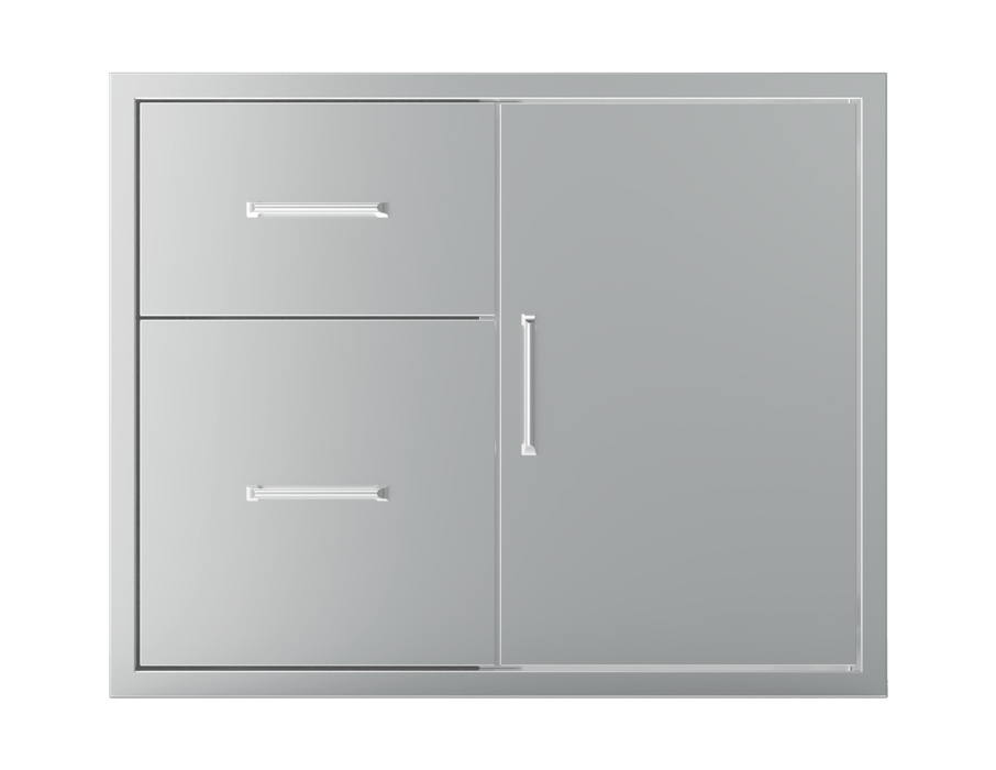 Alt text: Stainless-steel outdoor kitchen cabinet with two drawers and a tall right-side access door, all with sleek horizontal handles.