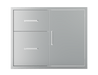 Alt text: Stainless-steel outdoor kitchen cabinet with two drawers and a tall right-side access door, all with sleek horizontal handles.