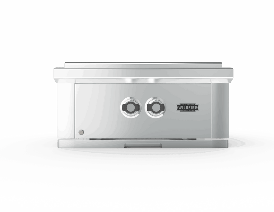 Sleek stainless-steel outdoor double-burner unit with two front control knobs, ideal for side-burner cooking and grill setups.
