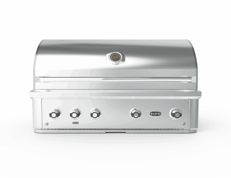 Stainless-steel outdoor gas grill with five front control knobs and built-in hood thermometer, ideal for backyard cooking and grilling setups.