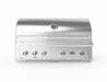 Stainless-steel outdoor gas grill with five front control knobs and built-in hood thermometer, ideal for backyard cooking and grilling setups.