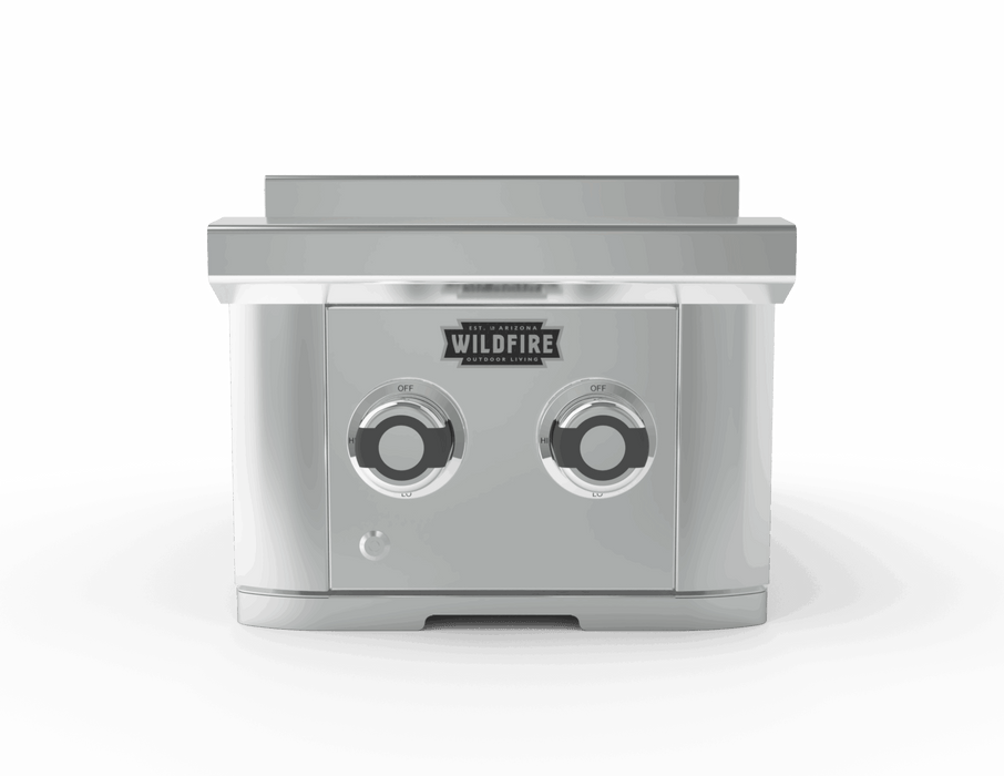 Stainless steel double burner unit with two control knobs on the front, designed for outdoor cooking and grilling setups.