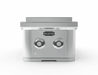 Stainless steel double burner unit with two control knobs on the front, designed for outdoor cooking and grilling setups.