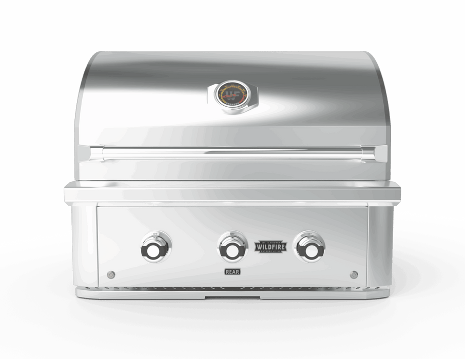 Stainless-steel outdoor gas grill with three front control knobs and built-in thermometer on hood — ideal for backyard cooking.