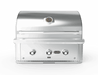 Stainless-steel outdoor gas grill with three front control knobs and built-in thermometer on hood — ideal for backyard cooking.