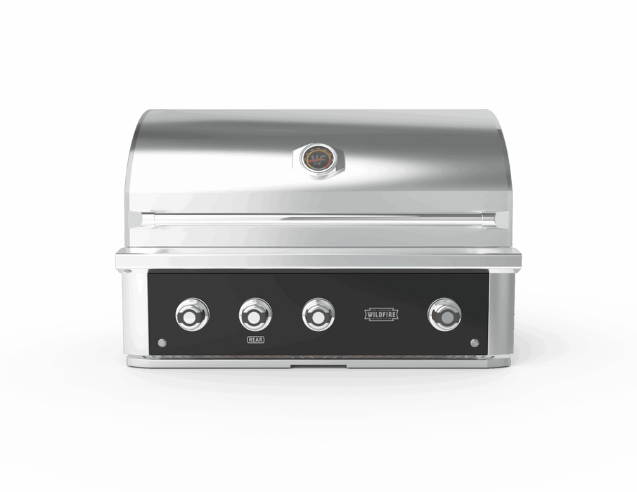 Stainless-steel outdoor gas grill with three control knobs and built-in hood thermometer — ideal for backyard cooking setups.
