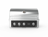 Stainless-steel outdoor gas grill with three control knobs and built-in hood thermometer — ideal for backyard cooking setups.
