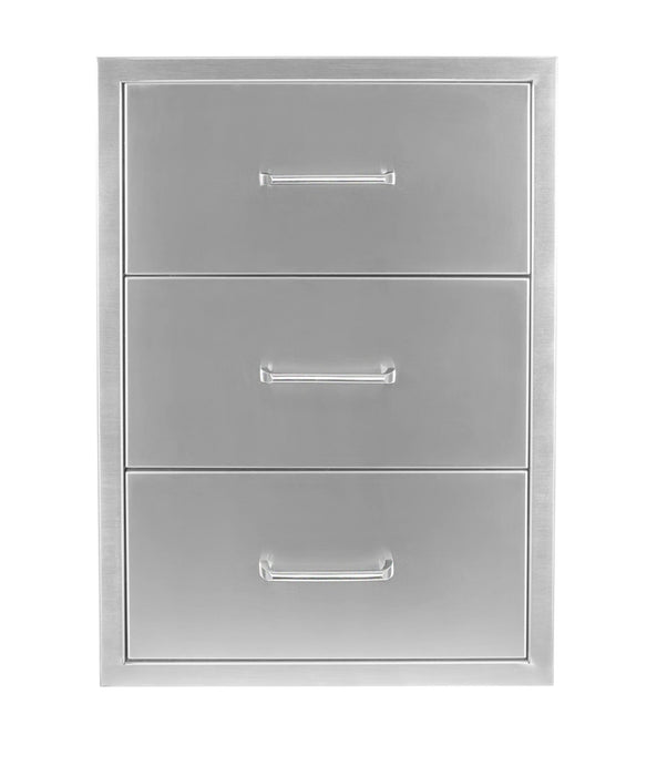 Vertical metal cabinet with three stacked drawers, each featuring a centered handle and a clean brushed metal finish.