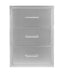 Vertical metal cabinet with three stacked drawers, each featuring a centered handle and a clean brushed metal finish.