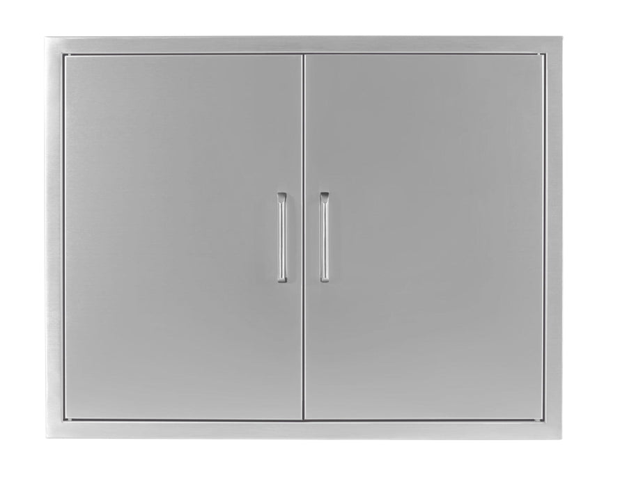 Stainless steel double access doors with vertical handles, designed for outdoor kitchen storage and built-in grill island use.