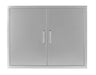 Stainless-steel double access doors with vertical handles, designed for outdoor kitchen storage and built-in grill island use.