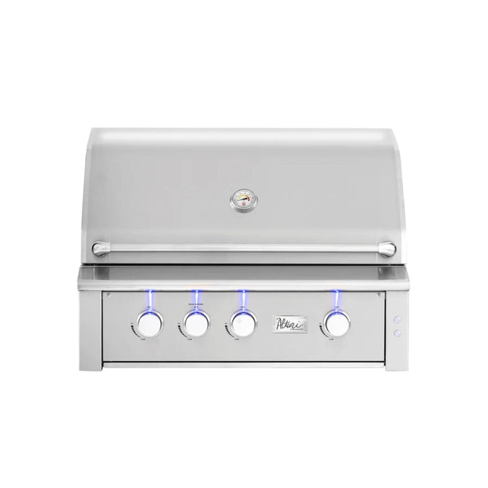 American Made Grills Alturi 36-inch built-in gas grill with stainless steel hood and illuminated control knobs