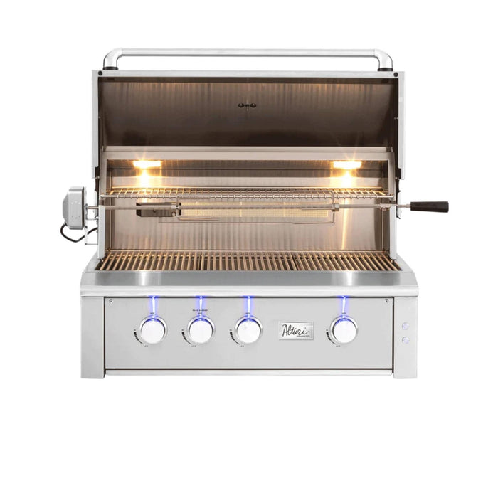 American Made Grills Alturi 36-inch built-in gas grill with open hood, interior lights, rotisserie system, and stainless steel cooking grates